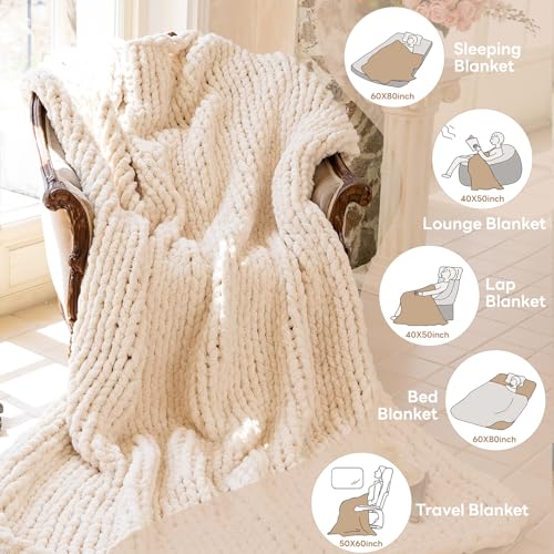 Chunky Knit Blanket - Luxury Soft Cozy 60 * 80 Throw Blanket, 100% Handmade Chenille Yarn Woven Blanket for Couch, Sofa, Home Decor, Gift - Machine Washable (Cream, 60 * 80) - color: Cream, size: 60*80