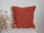 Rust Terracotta Macrame Throw Pillow Cover, Boho Textured Knitted Fringe Decorative Cushion Case, Diamond Lattice Woven Square Pillowcase for Sofa Couch Bedroom Farmhouse Home Decor, 18x18 Inch (Pillo