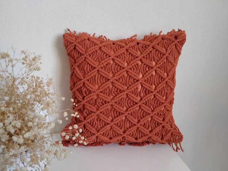 Rust Terracotta Macrame Throw Pillow Cover, Boho Textured Knitted Fringe Decorative Cushion Case, Diamond Lattice Woven Square Pillowcase for Sofa Couch Bedroom Farmhouse Home Decor, 18x18 Inch (Pillo