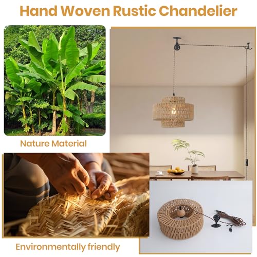 Rattan Plug in Pendant Light Boho Hanging Lights with Plug in Cord,Farmhouse Pulley Pendant Light with On Off Switch for Bedroom Living Room.