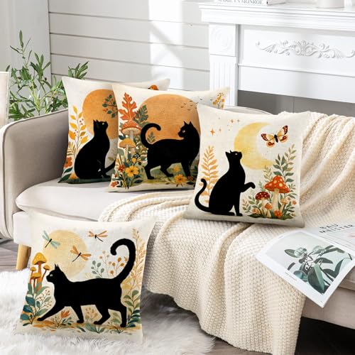 BVBOX Set of 4 Throw Pillow Covers 18"x18", Double-Sided Decorative Pillow Cases, Soft Flax/Short Plush Pillow Covers for Bed, Sofa, Couch, Living Room, Bedroom (Flax, Black Cat) - color: Black Cat