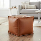 Unstuffed Pouf Ottoman Cover – 17.5in Square Handmade Moroccan Faux PU Leather Ottoman Cover – Tear-Resistant Waterproof Pouf Cover Only, No Filler, for Living Room, Bedroom, Dorm, Office – Brown