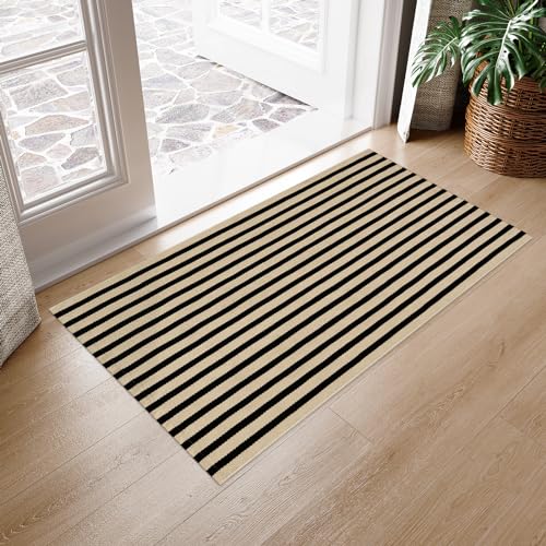 LEEVAN Black and White Front Door Rug 2.3x3.6, Striped Outdoor Rug Washable Welcome Layered Door Mats, Woven Front Porch Decor Indoor Entrancet Dooramts - color: Black and Tan, size: 2'4" x 3'7" (Rectangular)