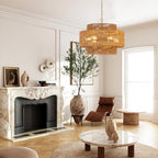 23.6" Rattan Chandelier Light Fixture,6-Light Vertical Woven Rattan Chandelier, 3-Tier Drum Hand-Woven Boho Light Fixture for Dining Room, Bedroom, Kitchen Island, Foyer - color: Gold-A 23.6"