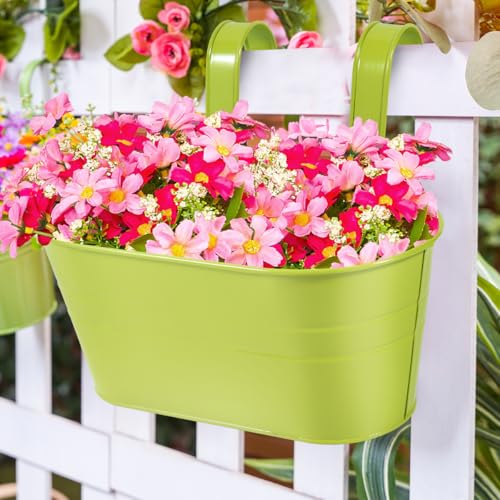 OBTANIM 4 Pack Metal Hanging Flower Pots Iron Railing Planter Outdoor Fence Hanging Pots Bucket Plant Holder with Detachable Hooks Drain Holes for Home Garden Yard Decor (Green) - color: Green