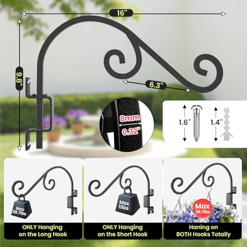 GOODBUY Swivel Plant Hangers Outdoor: 16 Inch Bird Feeder Plant Hanger Metal Wall Mount Hanging Plant Brackets Indoor Wall Hooks Outdoor for Hanging Baskets, Wind Chimes, Lanterns, Flower Pots, Black - color: Matte Black - 1 Pack