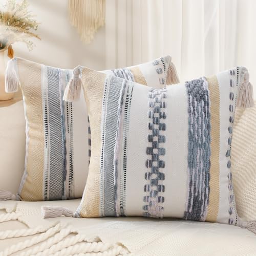decorUhome Boho Decorative Throw Pillow Covers 18x18 Set of 2, Striped Chenille Tufted Pillow Covers with Tassels for Couch Bed Sofa, Cream White and Light Grey - color: Cream White and Light Grey