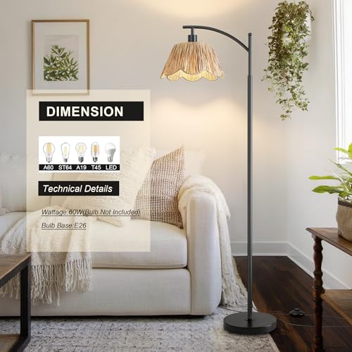 Oneach Boho Rattan Floor Lamp for Living Room, Farmhouse Standing Lamp with Hand-Woven Shade, Black Metal Base & Pole, Foot Switch - Corner Reading Lamp for Bedroom - color: Oil Black