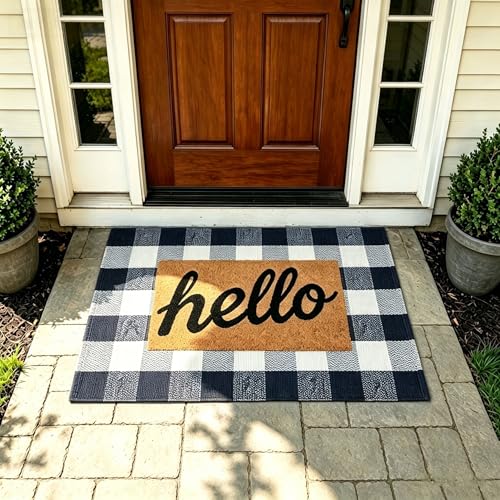 MUBIN Cotton Buffalo Plaid Rug, 27.5x43 Navy Blue White Outdoor Rug Front Door Decorative Mat, Washable Doormat Foldable Area Rug Layered Door Mats Rug for Front Porch, Entryway, Patio - color: Navy Blue White Plaid, size: 2'3" x 3'7" (Rectangular)