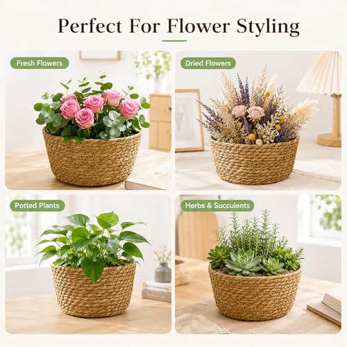 3 Pcs Natural Woven Planter Basket, Handwoven Grass Plant Basket Pot Cover, Round Decorative Storage Basket for Indoor Plants, Flower Pots, Desktop Organizer (3 Sets) - size: 3 Sets