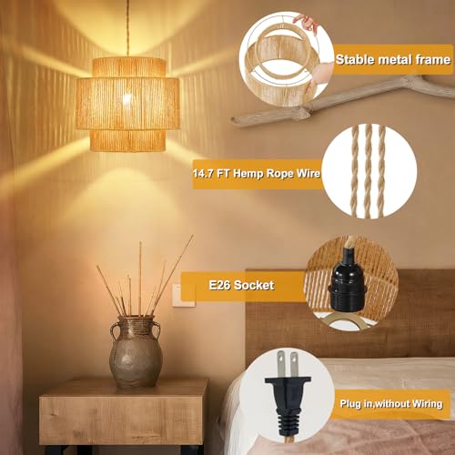 plug in pendant light rattan hanging lamp with 14.7ft Hemp Rope，Dimmable boho pendant lamp with adjustable cord，high output wicker hanging light plug in Woven Shade for Bedroom Dinning Kitchen - size: 3 tier HL-8