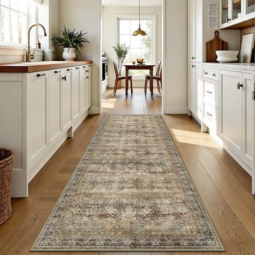 2x6 Hallway Runner Rug, Washable Vintage Retro Long Runner Rugs for Kitchen Laundry, Soft Ultra Thin Non Slip Low Pile Traditional Distressed Boho Carpet for Bedroom Bathroom, Charcoal Olive - color: B-charcoal / Olive, size: 2x6