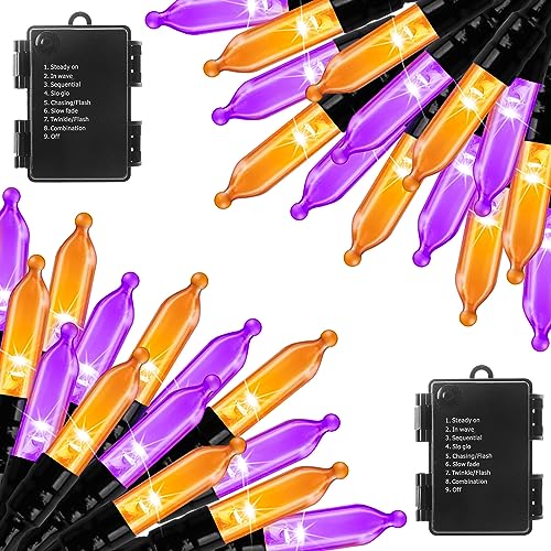 Halloween Orange Purple Outdoor Lights，17.8 Feet 50 LED Christmas Lights with 8 Modes，Waterproof Mini String Lights Battery Operated for Outdoor Indoor Use, Xmas Halloween Tree Holiday Party Patio - color: Orange and Purple, size: 50 LEDs x 2 Pack
