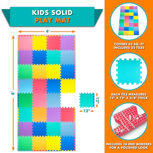 ProSource Baby Play Mat, Soft Foam Floor Tiles for Kids, Interlocking EVA Panels for Playpen Use, Crawling Development Surface, Safe Non-Toxic Toddler Flooring, 32 Tiles, Multicolor - color: Multicolor, size: 32 Tiles