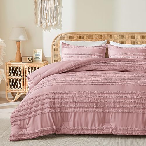 BEDELITE Boho Comforter Set Queen Size, Dusty Pink Tufted Striped Bed Set 3 Pieces, Soft Vintage Farmhouse Comforter for All Seasons, Boho Home Decor,Fluffy Jacquard Bedding with 2 Pillow Shams - color: Dusty Pink, size: Queen