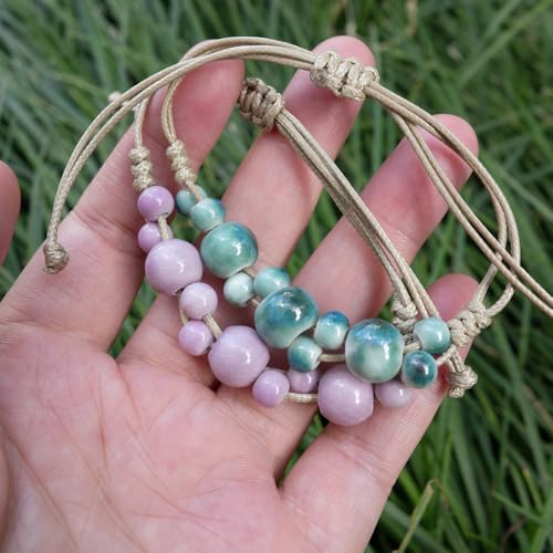Handmade Green Boho Bracelets for Women, Bohemian Ceramic Beads Bracelets for Friends, Trendy Porcelain Stone Beaded Bracelets for Sisters - color: purple and green