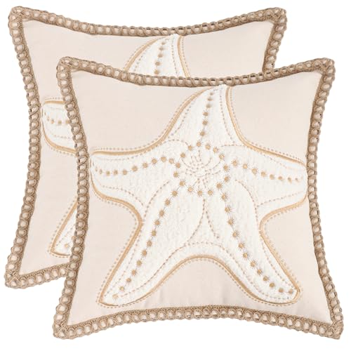 LUOYEHK Tropical Starfish Pillow Covers 18X18 Inch Set of 2 Beige Embroidered Throw Pillow Covers with Jute Rope Summer Decorative Pillowcase Square Cushion Covers for Couch Sofa Bed Home Decor - color: Beige Starfish