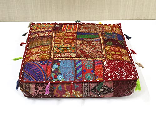 CRAFT KALA Indian Square Patchwork Traditional Pouf Cover Indian Living Room Poufs Decorative Embroidered Designer Ottoman Home Living Footstool Chair Cover Decor Pillow Cover 18x18x5 inches, Brown - color: Brown, size: 18"D x 18"W x 5"H