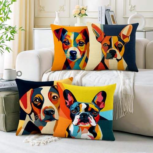 BVBOX Set of 4 Linen Throw Pillow Covers 18"x18", Soft Flax Dog Puppy Geometric Abstract Pop Art Decorative Pillow Cases, Double-Sided Modern Pillow Covers for Bed, Sofa, Couch, Living Room, Bedroom - color: Puppy