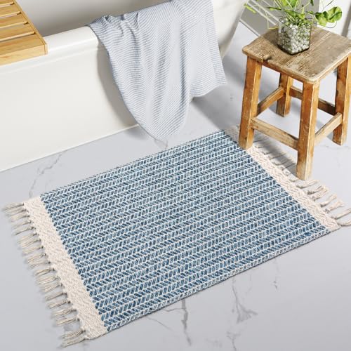Lahome Belle Boho Bathroom Rugs, Small 2x3 Front Door Bath Mats Lightweight Entryway Rug Woven Cotton Area Rug with Tassels, Farmhouse Blue Throw Rug Washable Low Pile Carpet for Kitchen - color: Blue/Multi, size: 2' x 3' (Rectangular)