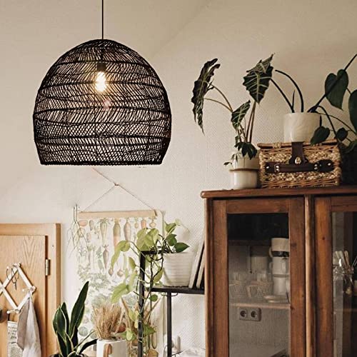 Arturesthome 17.6" Black Kitchen Island Pendant Light,Rattan Woven Pendant Light Shades Handmade Hanging Light Ceiling Light for Living Room,Entryway, Foyer - color: Black, size: 17.68in*15.7in