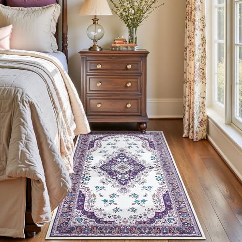 HOMORE Vintage Runner Rug-2x4 Hallway Runner Rug for Entryway Non Slip Washable Bedroom Rug Faux Wool Lavender Floor Carpet Runner for Kitchen Indoor Front Entrance Laundry Living Room Dorm, Purple - color: Purple, size: 2' x 4' (Rectangular)
