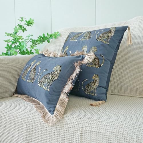 Lumbar Decorative Throw Pillow Cover with Tassels Leopard Pattern Cushion Cover Luxury Style Soft Velvet Pillowcase for Sofa Couch Bedroom (12"x20",Grey) - color: Grey, size: 20" x 12" (Pack of 1)