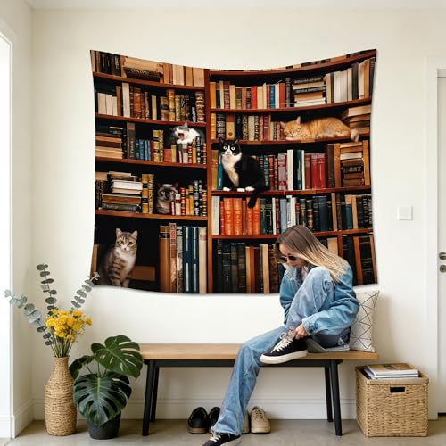 gsgfdshf Vintage Cat Library Wall Tapestry, Cat Room Decor, Retro Bookshelf Cute Kitten Tapestry Wall Hanging for Bedroom Home Reading Nook Room Library Decor, 50x60 Inch - color: Landscape Text-Tapestry-G