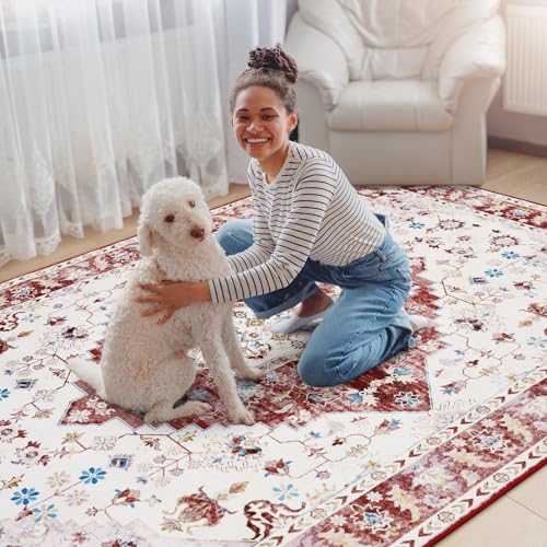 Amearea Vintage Design Area Rugs for Living Room, 4x6 Machine Washable Floral Collection Traditional Bedroom Rug, Low Pile Cute Kids Room Print Carpet, No Slip Office Kitchen Home Decor, Red - color: Red, size: 4' X 6' (Rectangular)