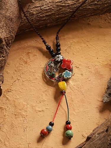 MINACHI Vintage Bohemian Colorful Ceramic Bead Antique Flower Y Necklace, Vintage Boho Hippie Statement Jewelry Gift for Women - color: S05