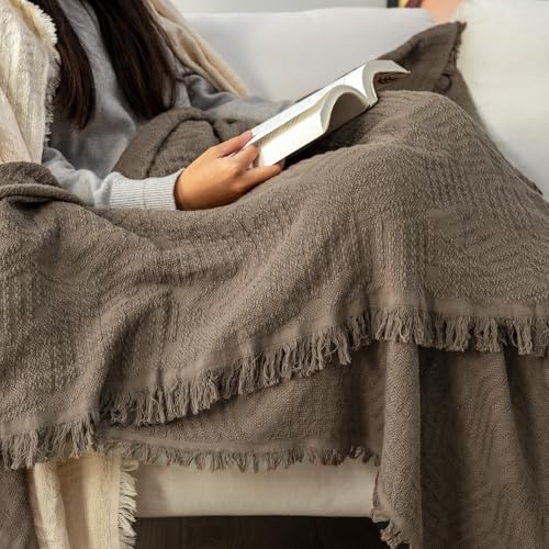 GLORY SEASON 100% Cotton Throw Blanket in Brown Jacqard Weave Fabric with Fringe Soft All Season Cover for Bed Couch and Living Room Sofa,Chair 50x60 Inches - color: Brown