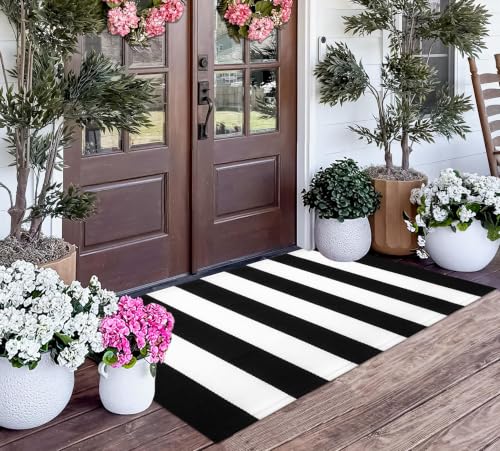 Washable Proch Rug Soft Entryway Rug 2.3'X3.6', Cotton Woven Bathroom Rugs Front Porch Decor Black and White Area Rug Outdoor Rug - color: Black White, size: 2'4" x 3'7" (Rectangular)