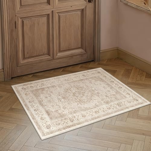 2x3 Beige Washable Vintage Runner Rug for Living Room Bedroom Soft Tranditional Non Slip Thin Throw Rug Lightweight Floral Low Pile Distressed Carpet Doormat Kitchen Entrance Hallway Laundry - color: Vintage | Beige, size: 2'x3'