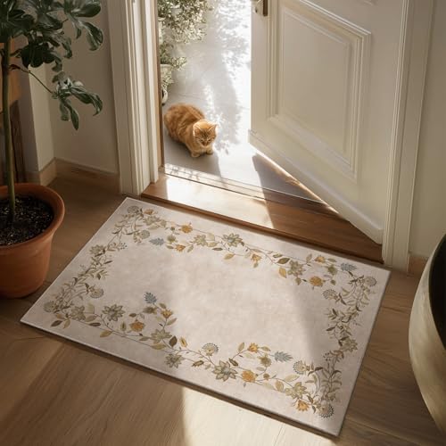2x3 Washable Small Rugs for Entryway: Floral Door Mat Indoor Entrance Non Slip Rubber Backed Low Pile Soft Throw Area Rugs for Bedroom Kitchen Front Door Indoor Entrance Foyer Entry Farmhouse - color: Edge Floral Beige White, size: 2' x 3' (Rectangular)