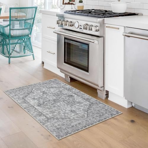 KOZYFLY Small Area Rug 2x3 Ft Rugs for Entryway Washable Boho Entry Rug Non Slip Door Mat Indoor Entrance Faux Wool Vintage Printed Kitchen Rug Throw Rugs for Entrance Kitchen, Gray - color: Light Grey/White, size: 2' x 3' (Rectangular)