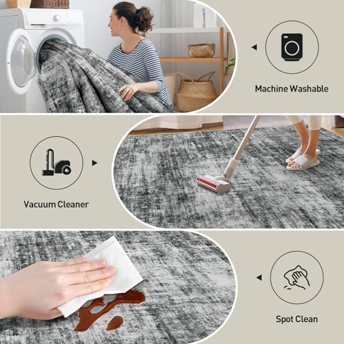 9x12 Area Rugs Washable Rug: Modern Abstract Living Room Rug Soft Anti-Skid Thin Carpet Indoor Floor Non-Shedding Carpets for Bedroom Dining Room Farmhouse Nursery Home Office Black - color: Black, size: 9' x 12' (Rectangular)