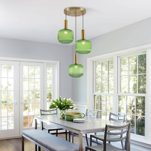 BOKT Green 3-Light Cluster Pendant Lights Mid Century Modern Ceiling Hanging Lighting 7.9" Farmhouse Gold Pendant Lights Kitchen Island with Ribbed Hand Blown Glass for Living Room Dining Room - color: Green 3-Light