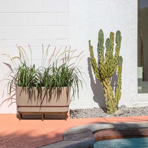 Veradek Demi Series Raised Long Planter for Indoor/Outdoor Use | Made from Plastic & Stone w/Wooden Stand | Modern Patio Décor for Flowers/Shrubs - color: Sand/Brown, size: 30 inch