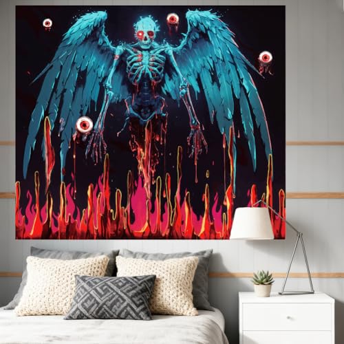 CRAFTYMELODY Skeleton Blacklight Tapestry Glow in the Dark Tapestry UV Reactive Colorful Skull Wall Hanging 59×51 Inch with Hook Self Adhesive Sticker Clip for Bedroom Home Wall Decoration - color: Skeleton