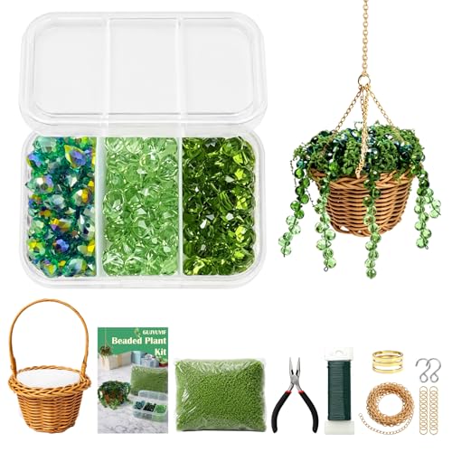 GUJYUYIF Beaded Plant Kit Green Glass Beads for Plant Making with Rattan Basket, Hanging Suncatchers Beading Kit for Jewelry Making DIY Craft Kit Plants - color: Basic Green