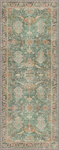 2x5 Hallway Runner Rugs Non Slip Washable Runner for Entryway Bathroom Kitchen Bedroom, Boho Green Runner, Thin Low Pile Chenille Carpet with Rubber Backing, Dark Sage/Gold - color: Sage/Gold, size: 2' x 5' (Rectangular)