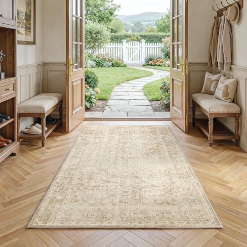 Fmfunctex 4x6 Washable Area Rug Beige Neutral Vintage Distressed Oriental Non Slip Low Pile Traditional Indoor Carpet for Living Room Bedroom Soft Retro Mat Rug for Dining Office Kitchen Dorm Entryway - color: Beige, size: 4' x 6' (Rectangular)