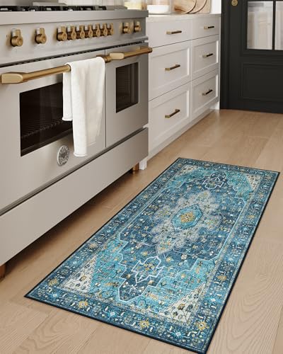 Moynesa 2x4 Teal Vintage Floral Medallion Runner Rug - Machine Washable, Non-Slip, Low Pile, Indoor Use Only - color: Teal, size: 2' x 4'