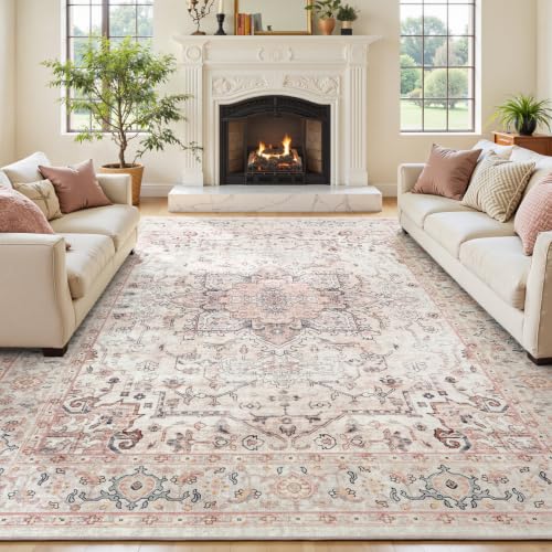 8x10 Dusty Pink Large Area Rugs for Living Room - Boho Light Pink Medallion Aesthetic Distressed Washable Rug, Soft Non-Slip Backing Low Pile Carpet for Playroom, Bedroom, Nursery - color: Dusty Pink, size: 8' x 10' (Rectangular)