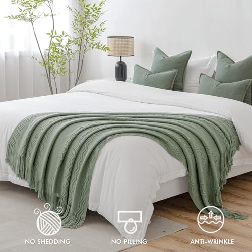 MIULEE Sage Knitted Throw Blanket for Couch Boho Green Textured Cozy Woven Decorative Farmhouse Blanket with Tassels for Sofa Chair Bed Living Room, Lightweight Spring Home Decor 50"x60" - color: Sage, size: 50" x 60"