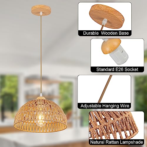 Boho Pendant Light Fixture Kitchen Chandelier Rattan Hanging Light Flush Mount Ceiling Light Boho Lamp Shade Wooden Base Bohemian Chandeliers for Hallway Bedroom Chandelier Dinning Light Fixture - color: Brown-Pendant light
