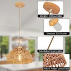 Boho Pendant Light Fixture Kitchen Chandelier Rattan Hanging Light Flush Mount Ceiling Light Boho Lamp Shade Wooden Base Bohemian Chandeliers for Hallway Bedroom Chandelier Dinning Light Fixture - color: Brown-Pendant light