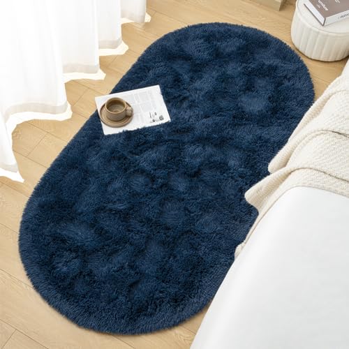 Goideal Fluffy Bedroom Rug, Small Oval Area Rugs, Navy Blue Shag Bedside Carpet for Kids Room Nursery Dorm Cute Fuzzy Indoor Decor for Boy and Girl, 2.6 x 5.3 Feet - color: Navy Blue