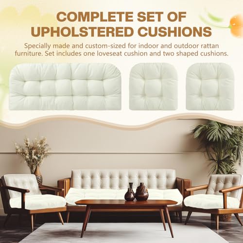 Barydat 3 Pack Wicker Furniture Cushions Waterproof Outdoor/Indoor Tufted Wicker Chair Cushions 1 Loveseat and 2 U-Shape Rattan Chairs for Patio Furniture, Rattan Love Seat, Bench(Cream) - color: Cream