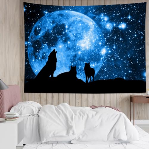 HVEST Wolf Tapestry Wolves on Mountain Wall Hanging Full Moon in Starry Sky Tapestries for Kids Bedroom Living Room Dorm Party Wall Decor,80Wx60H inches - color: Blue, size: 60"L x 80"W